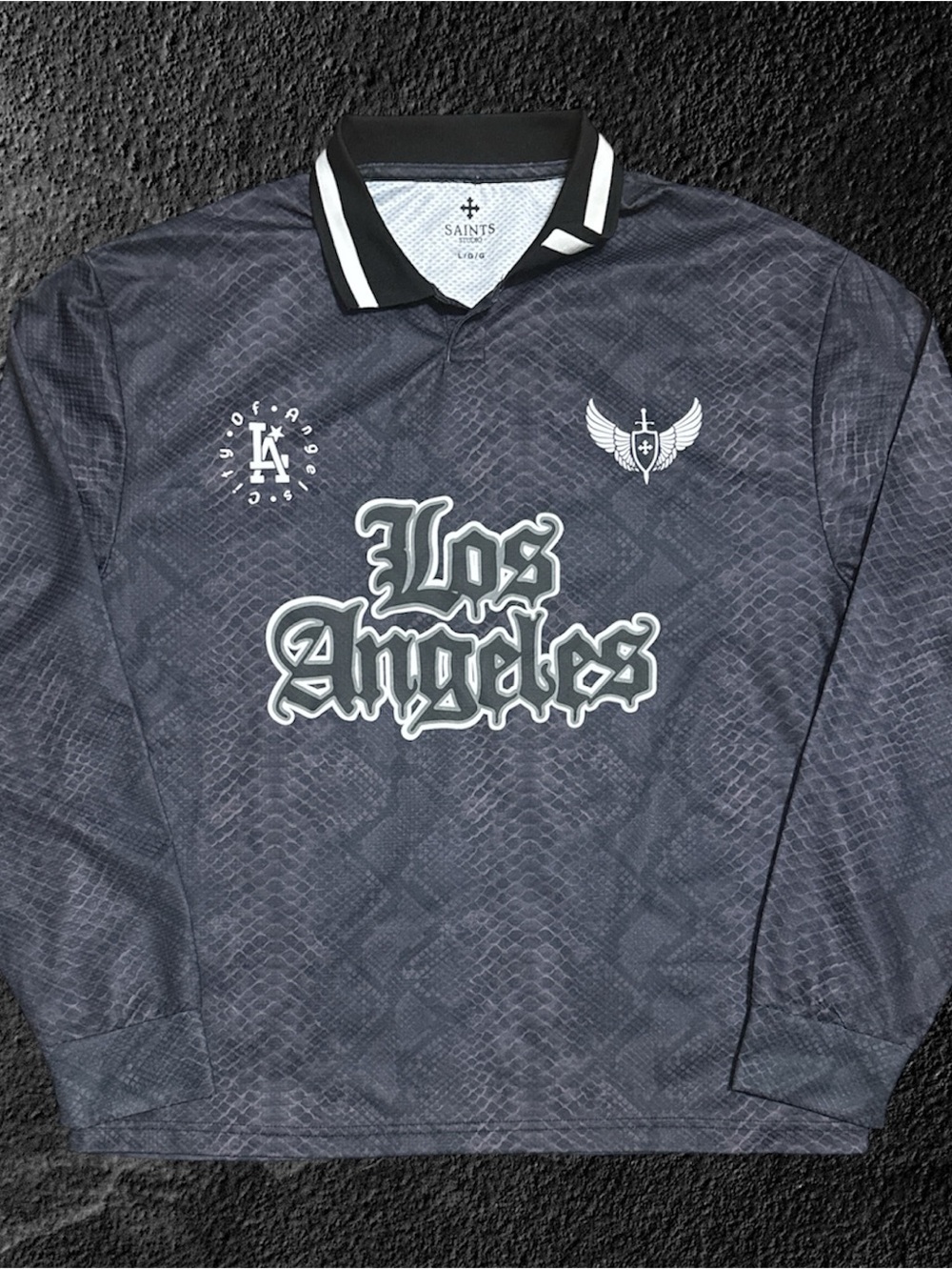 Saints Studio Dark Grey Snakeskin Los Angeles Long Sleeve Polo L